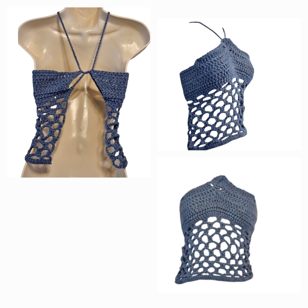 Handmade 4 ways Crochet Summer Top One-of-a-kind Blue Fishnet Bikini Crop-Top - Picture 11 of 17